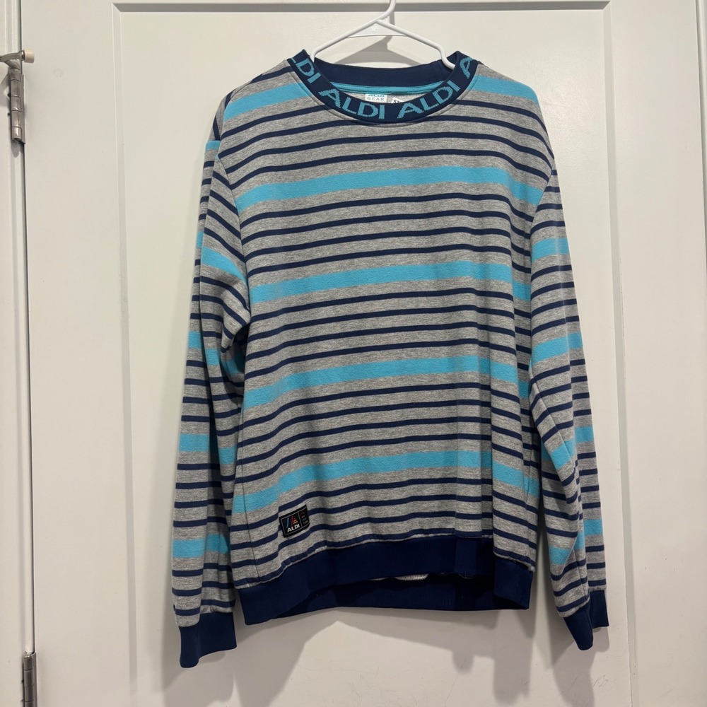 Aldi Gear Striped Crewneck Sweatshirt Blue Grey Navy Logo Collar Mens Large